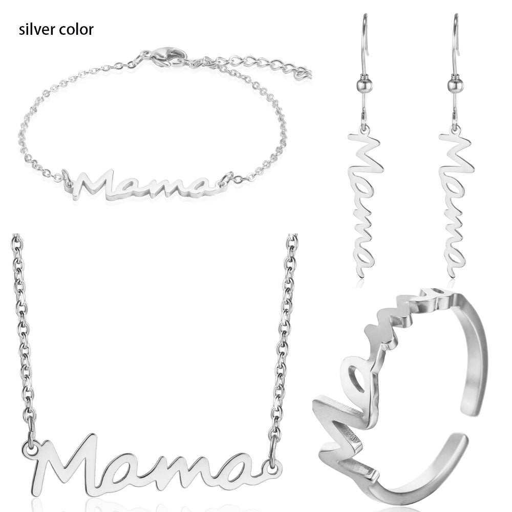 High quality high polish vacuum plating fashion Titanium stainless steel mama necklace bracelet earring ring gift jewelry set