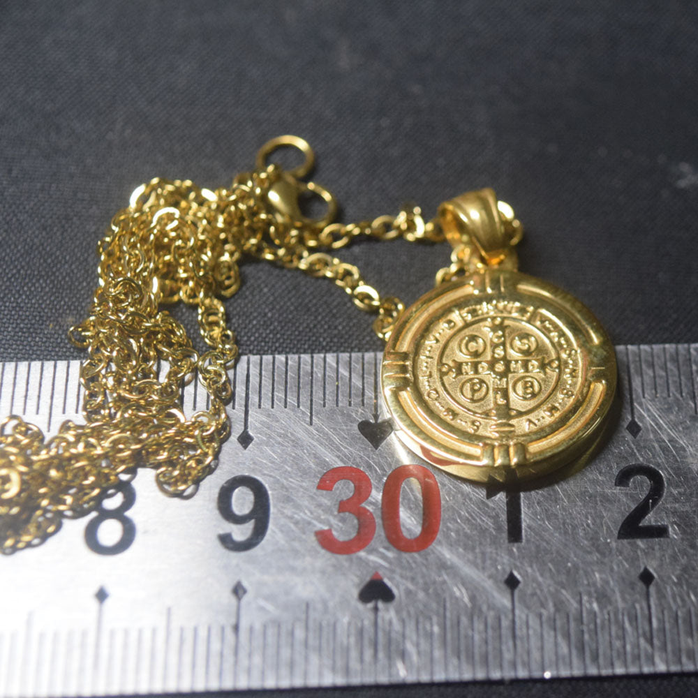 fashion trendy men's stainless steel silver and gold with st benedict medal pendant necklace jewelry