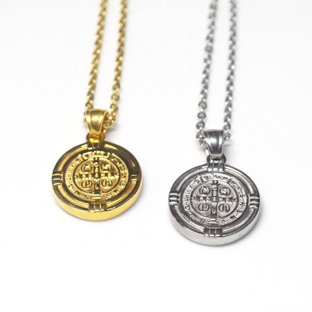 fashion trendy men's stainless steel silver and gold with st benedict medal pendant necklace jewelry