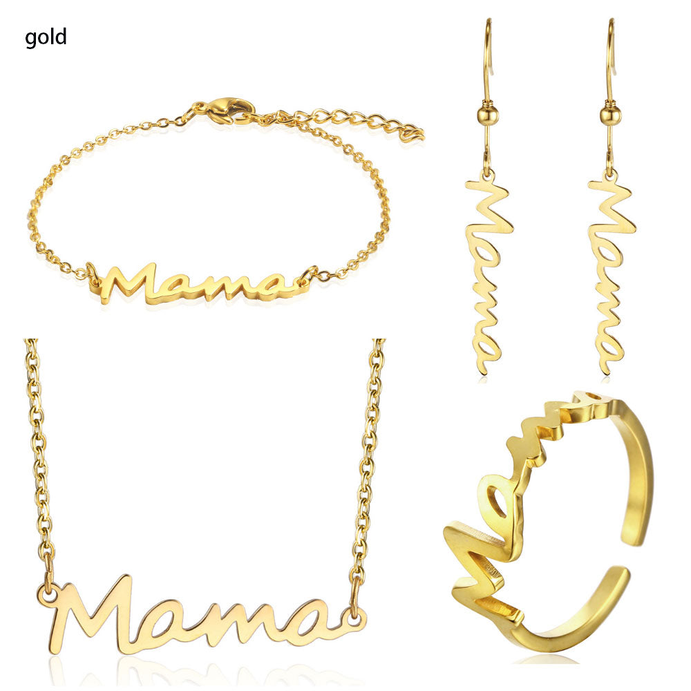 High quality high polish vacuum plating fashion Titanium stainless steel mama necklace bracelet earring ring gift jewelry set