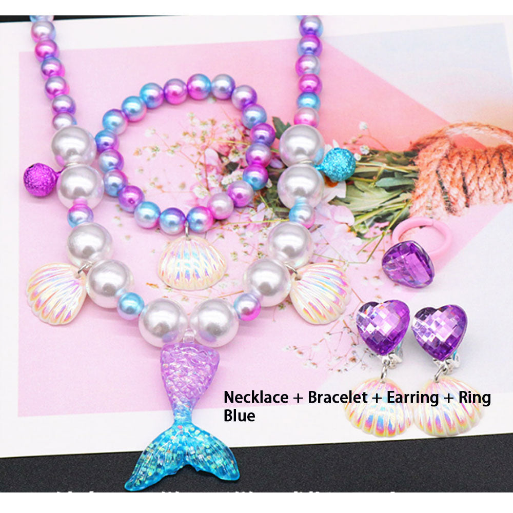 wholesale glass pearl beads pink and blue kids jewelry Girls Christmas Beads mermaid pendant jewelry sets for children