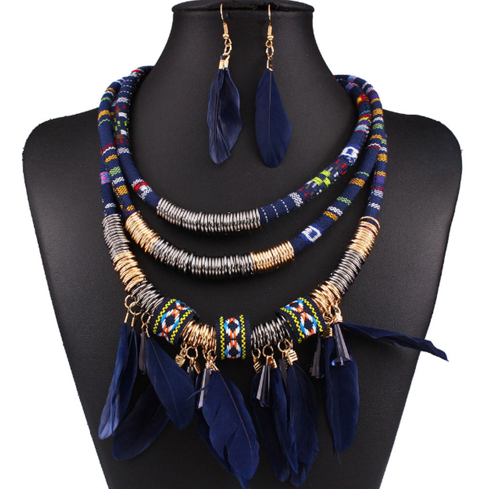 Wholesale Bold Bohemian layered collier femme African native American tribal women lucky real Feather necklace woven jewelry sets