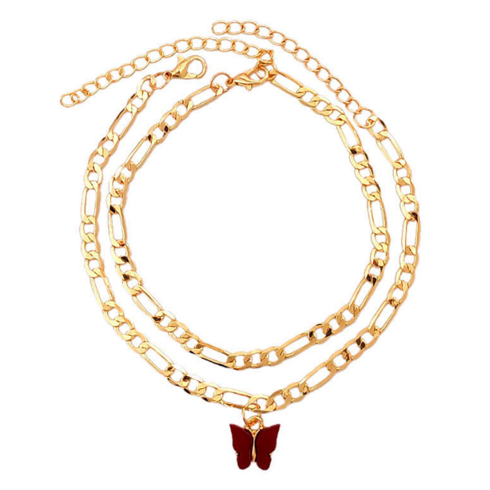 boho double layered gold cuban link chain butterfly charm pendant cuban link figaro anklet jewelry