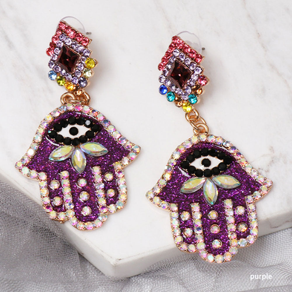fashion fancy dazzling women shinning rhinestone beads hand made earrings jewelry women hamsa hand d-evil eye earring