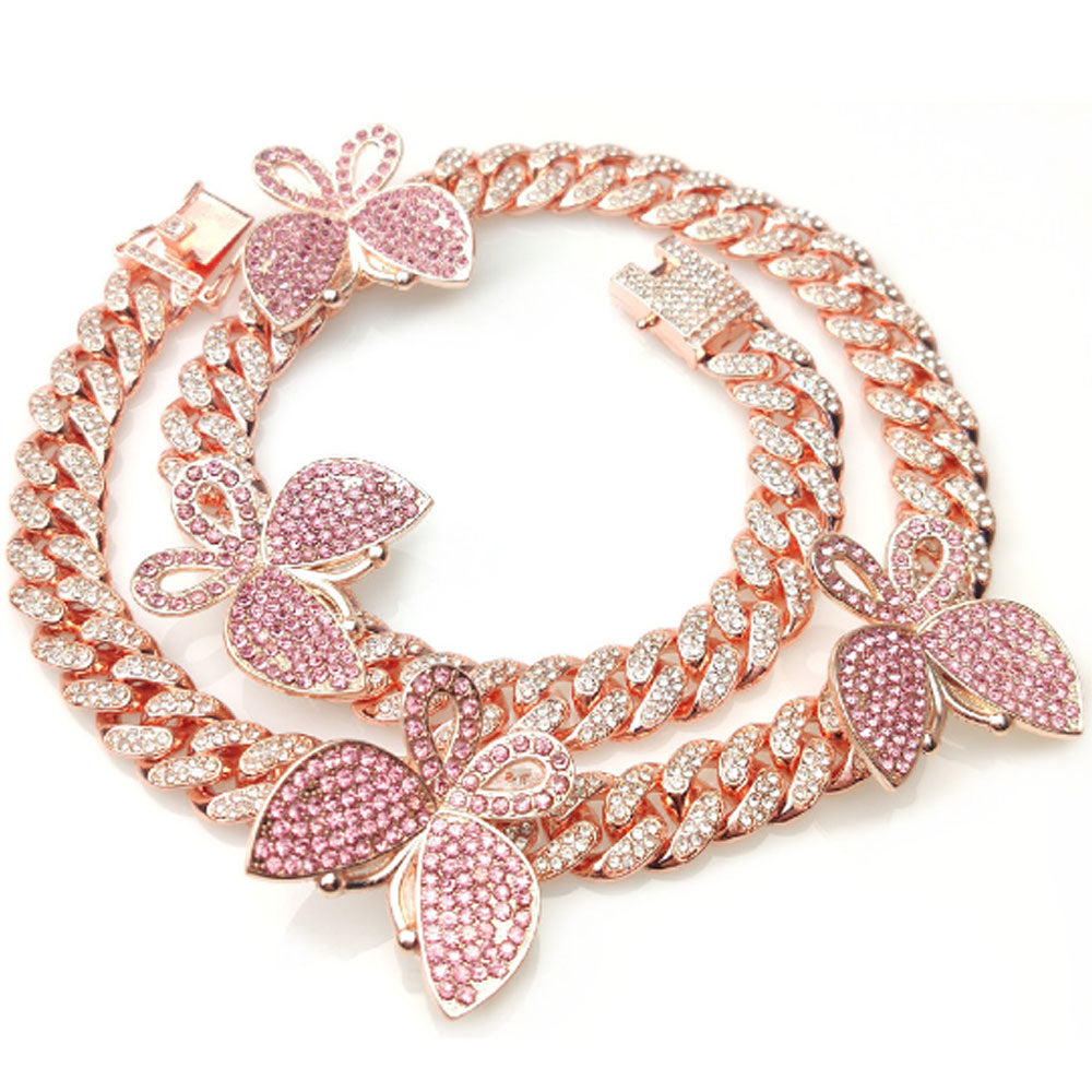 12mm cz cubic zirconia beads micro paving iced out hip-hop brass cz butterfly cuban link chain necklace jewelry