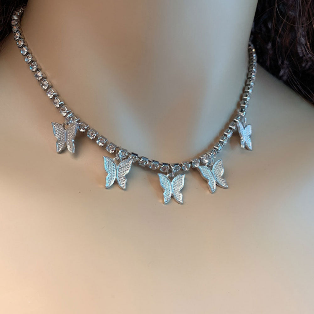 fashion trendy butterfly rhinestone tennis chain choker necklace