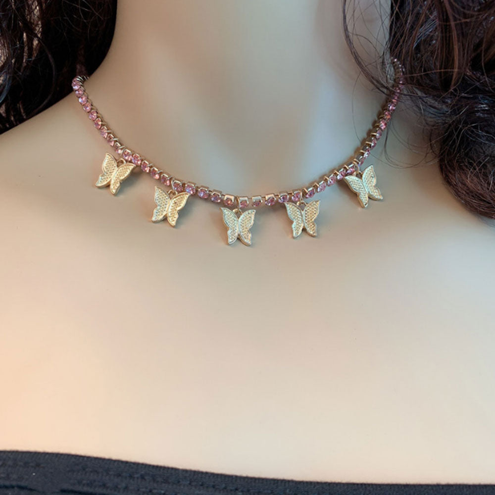 fashion trendy butterfly rhinestone tennis chain choker necklace