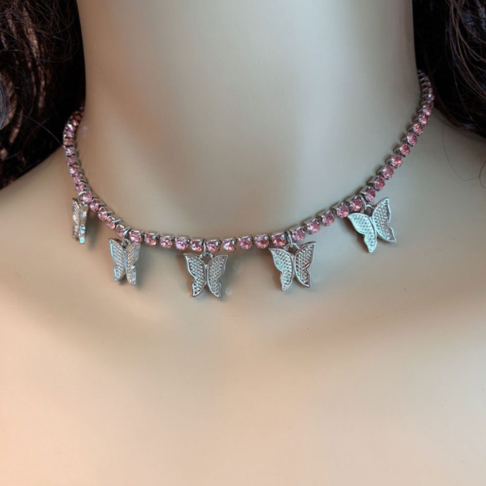 fashion trendy butterfly rhinestone tennis chain choker necklace