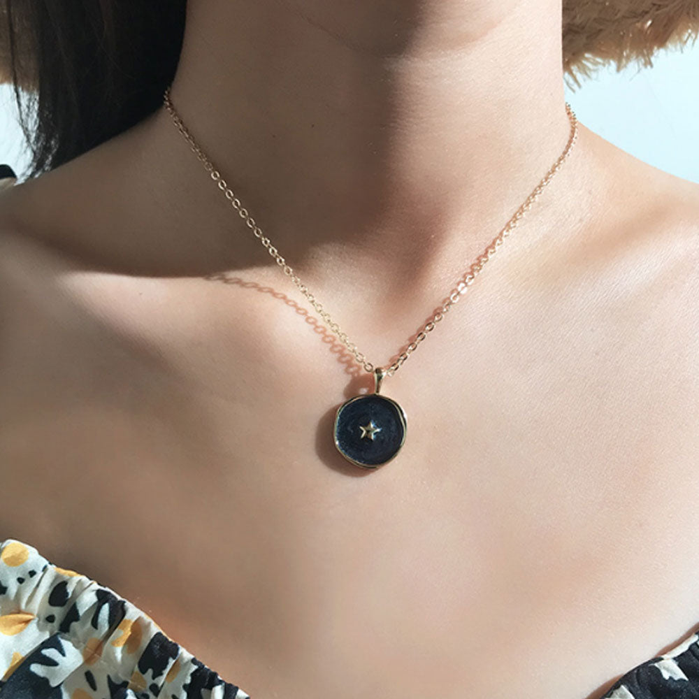 Alloy moon star five pointed star lightning modern enamel medal coin necklace