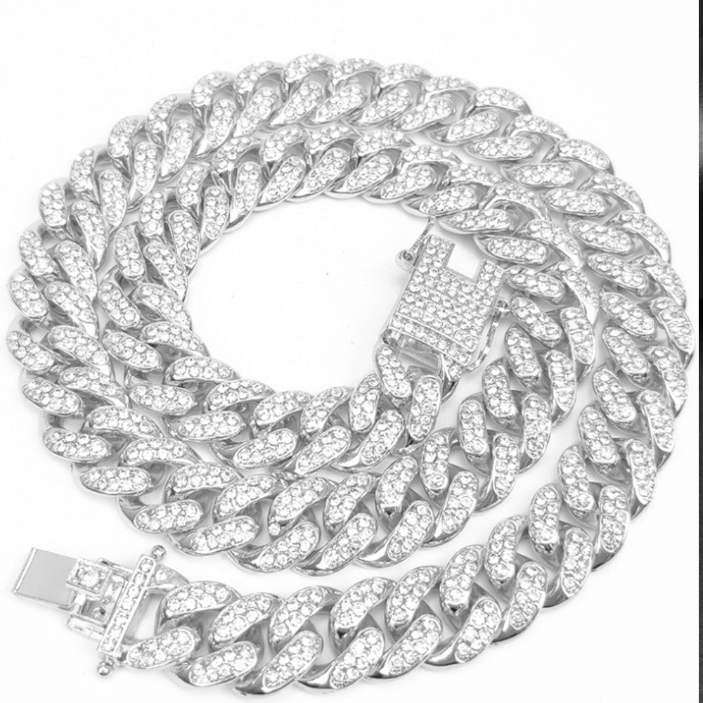 12mm brass alloy rhinestone beads micro paving iced out cuban link chain necklace for men women jewelry