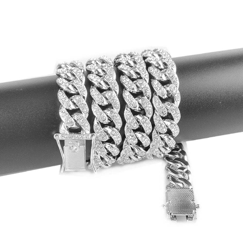 12mm brass alloy rhinestone beads micro paving iced out cuban link chain necklace for men women jewelry