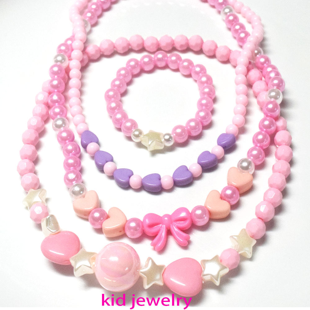 pink acrylic beads beaded little toddler girls' kids children butterfly bowknot necklace and bracelet set accessories jewelry