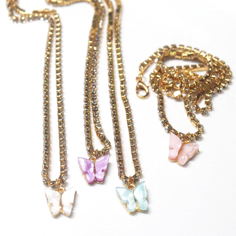 White Purple Blue Pink Butterfly Crystal Rhinestone Engraved Tennis Chain Charm Necklace Butterfly