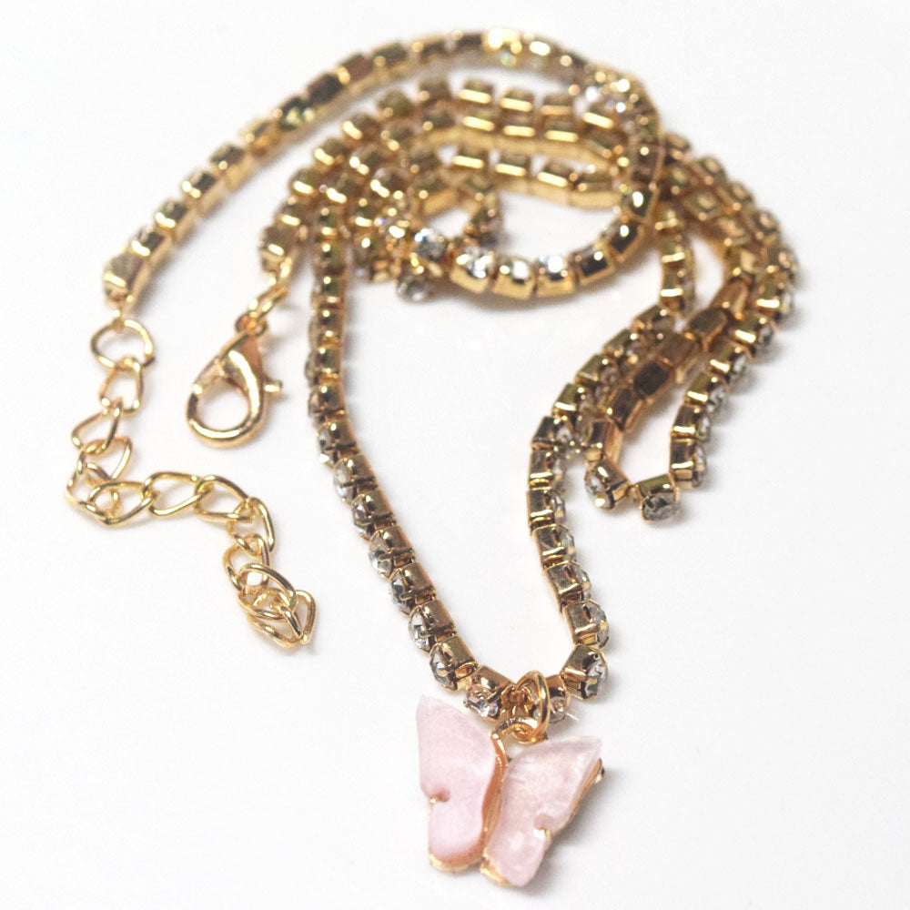 White Purple Blue Pink Butterfly Crystal Rhinestone Engraved Tennis Chain Charm Necklace Butterfly