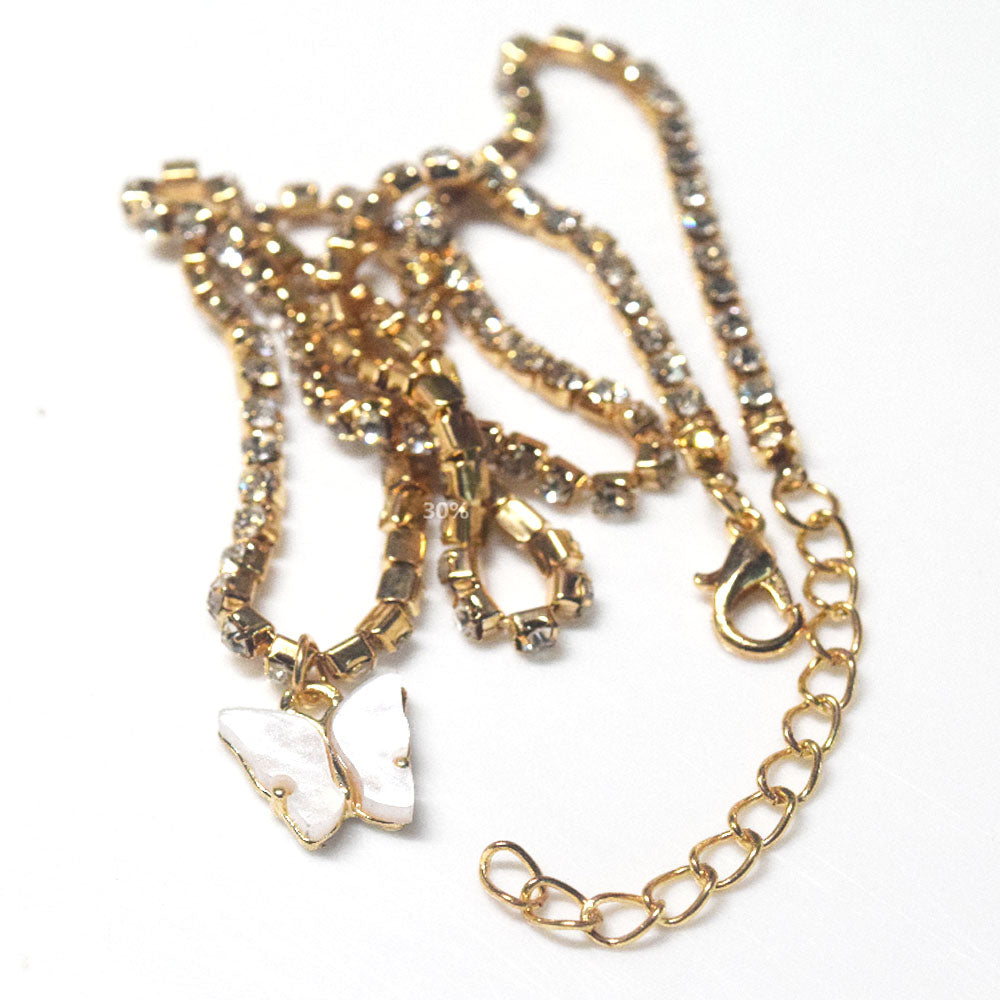 White Purple Blue Pink Butterfly Crystal Rhinestone Engraved Tennis Chain Charm Necklace Butterfly