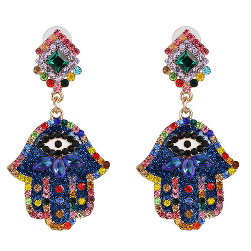 fashion fancy dazzling women shinning rhinestone beads hand made earrings jewelry women hamsa hand d-evil eye earring