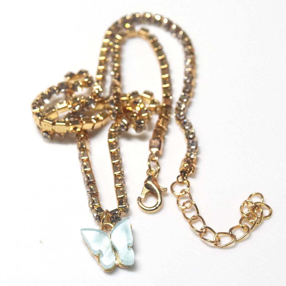 White Purple Blue Pink Butterfly Crystal Rhinestone Engraved Tennis Chain Charm Necklace Butterfly