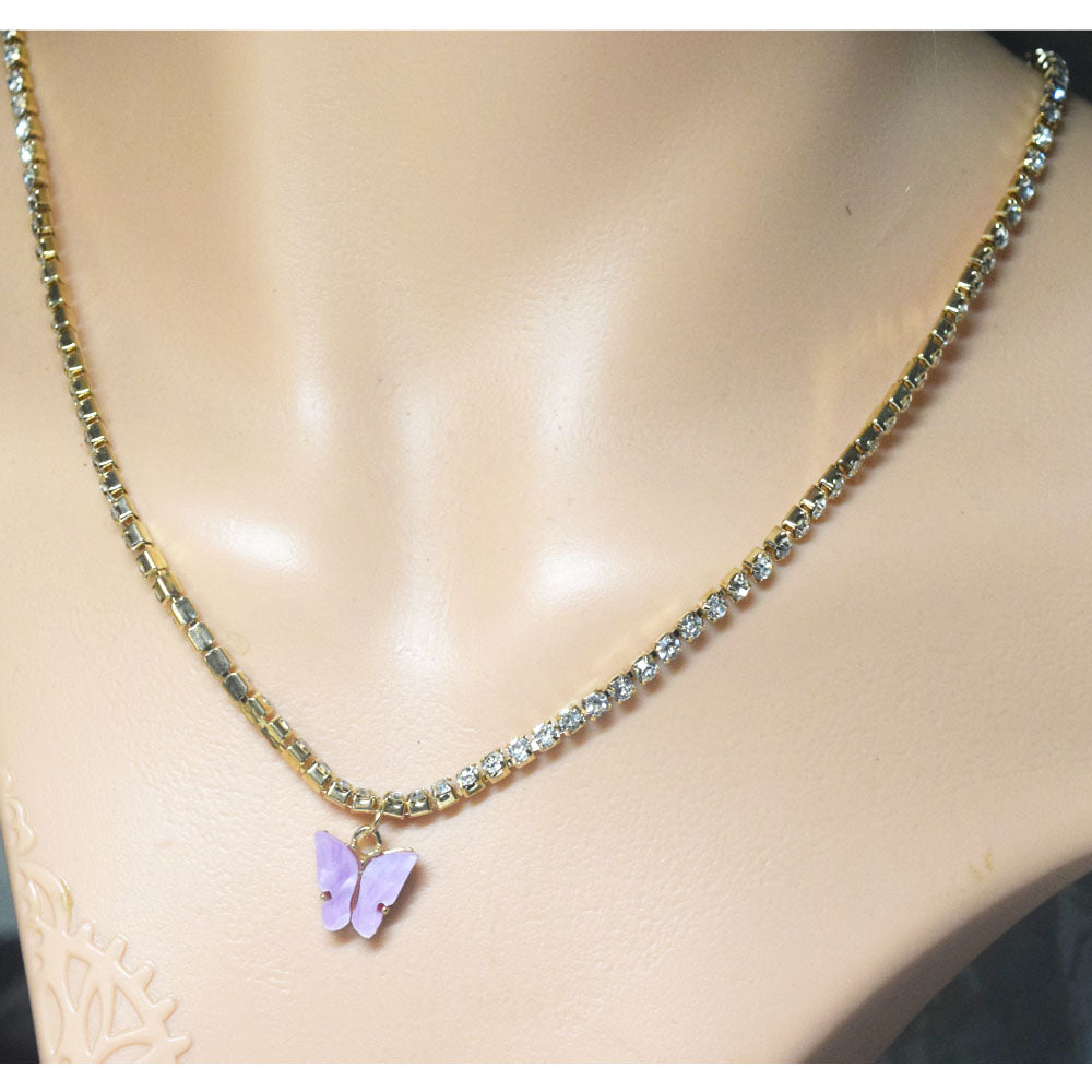 White Purple Blue Pink Butterfly Crystal Rhinestone Engraved Tennis Chain Charm Necklace Butterfly