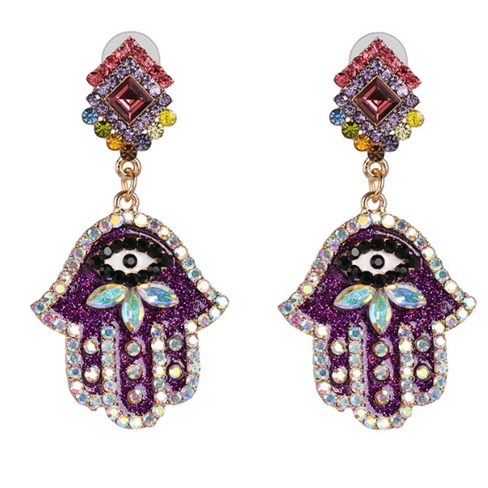 fashion fancy dazzling women shinning rhinestone beads hand made earrings jewelry women hamsa hand d-evil eye earring