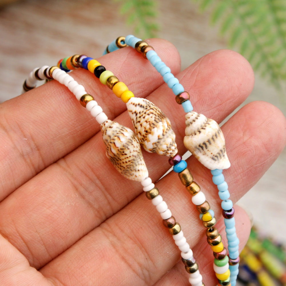 hot selling summer handmade colorful beach glass rice bead with shell bead bohemian necklace women