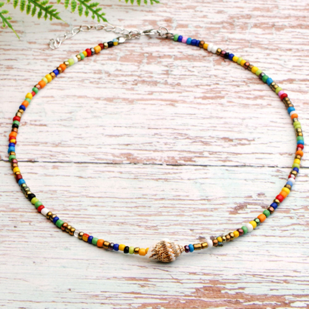 hot selling summer handmade colorful beach glass rice bead with shell bead bohemian necklace women