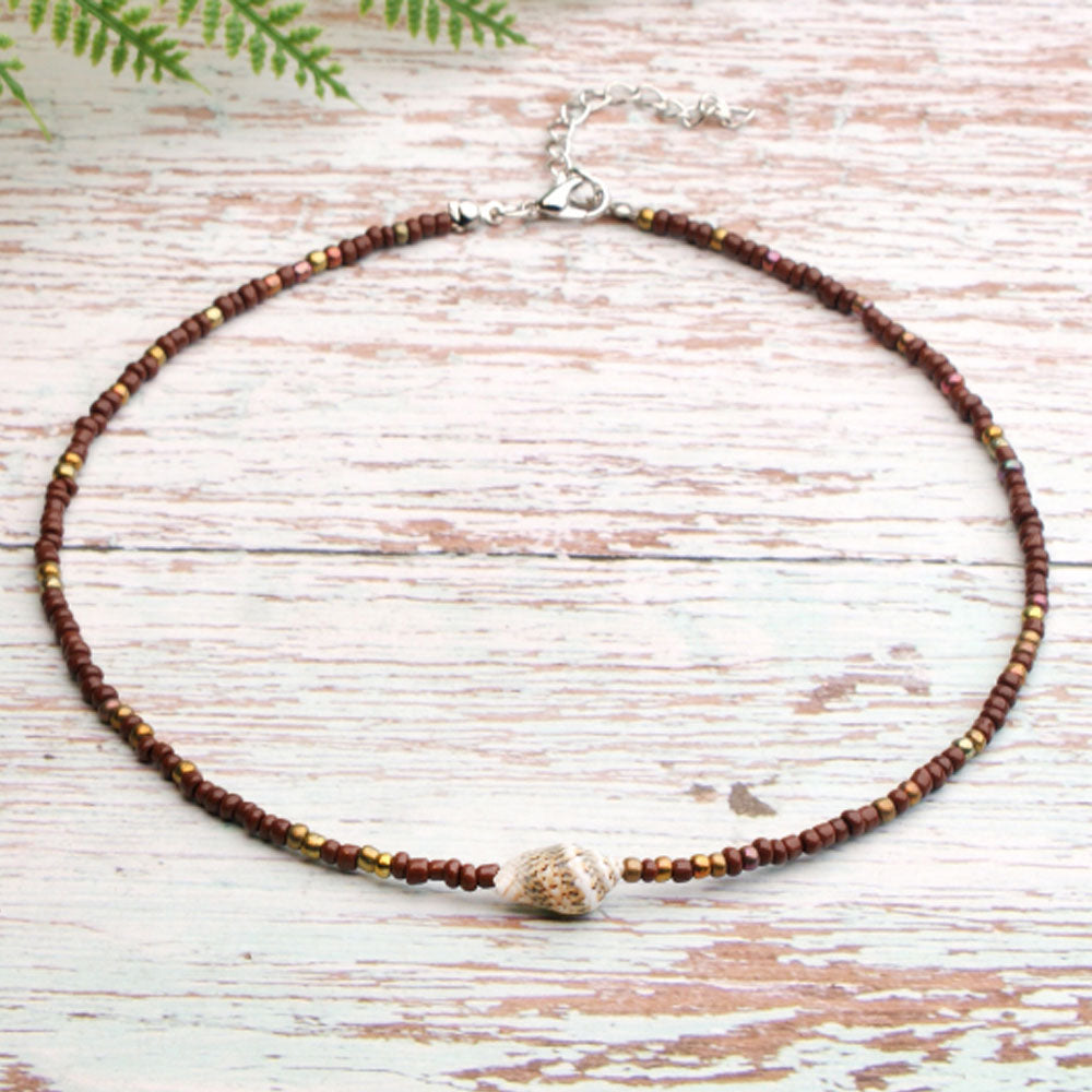 hot selling summer handmade colorful beach glass rice bead with shell bead bohemian necklace women