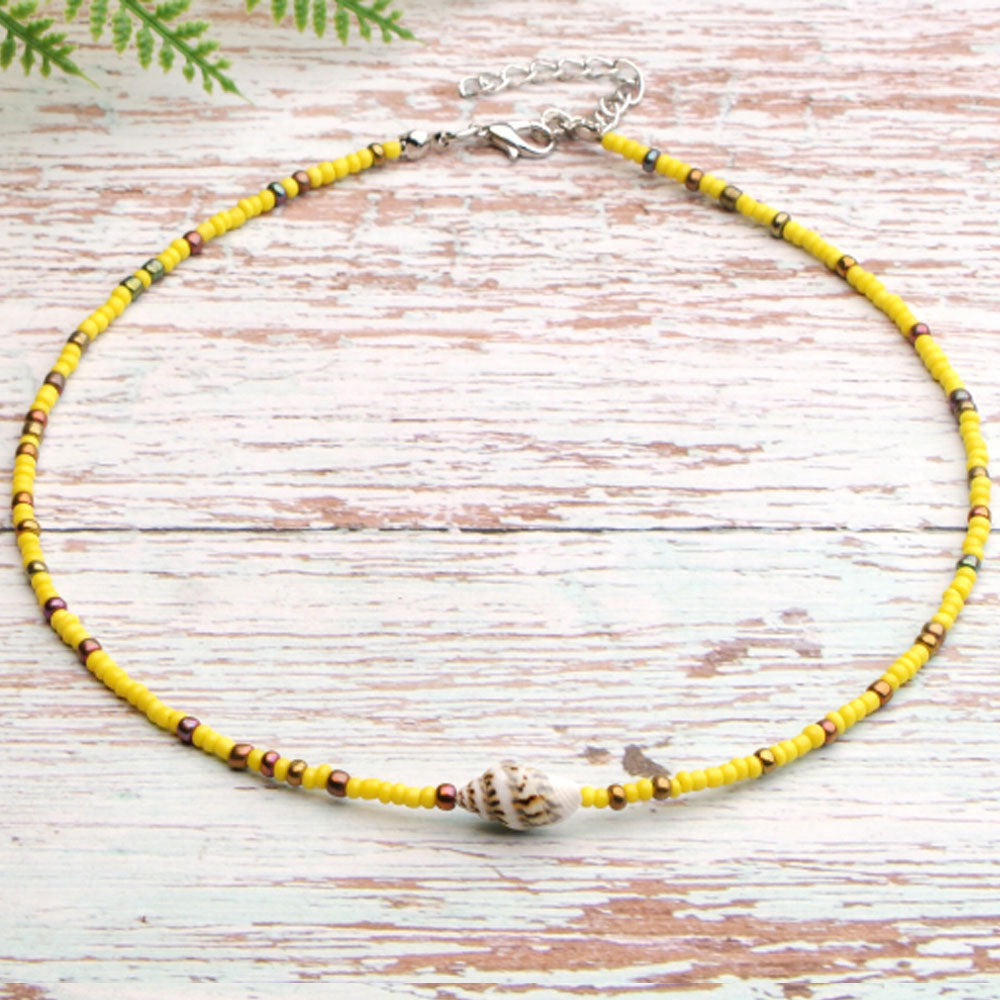 hot selling summer handmade colorful beach glass rice bead with shell bead bohemian necklace women