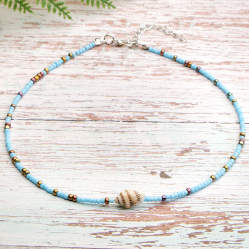 hot selling summer handmade colorful beach glass rice bead with shell bead bohemian necklace women