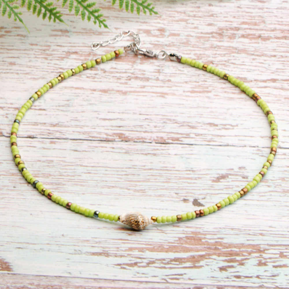 hot selling summer handmade colorful beach glass rice bead with shell bead bohemian necklace women