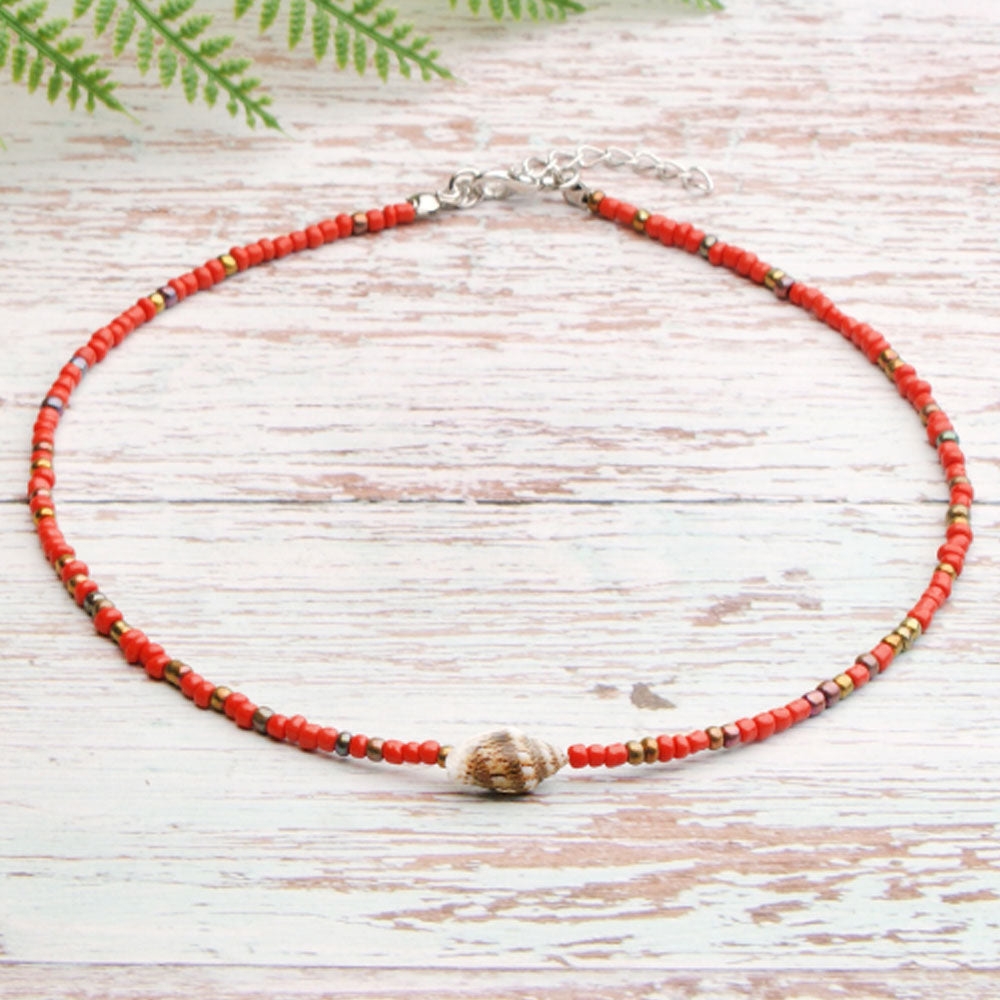 hot selling summer handmade colorful beach glass rice bead with shell bead bohemian necklace women