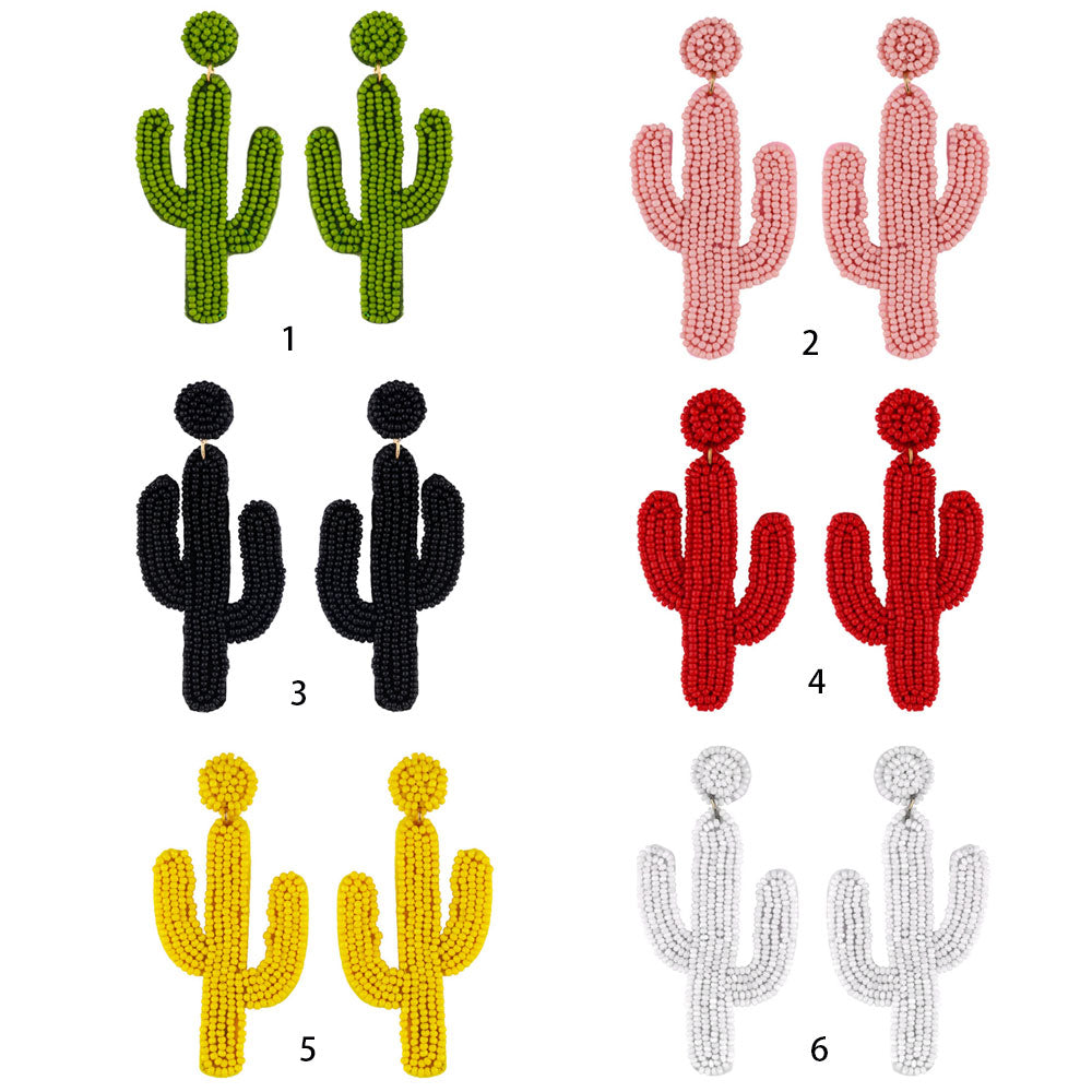 fashion trendy multi-color long rice seed beads beaded cactus earrings boho jewelry