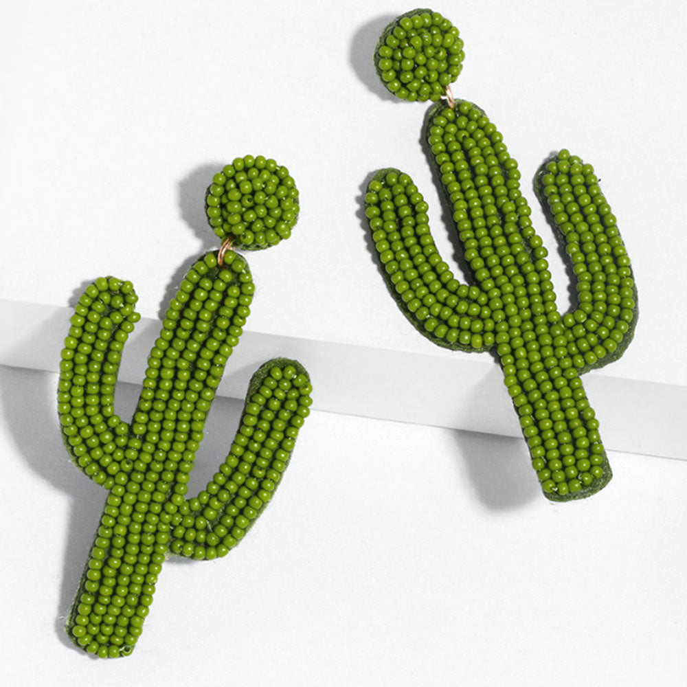 fashion trendy multi-color long rice seed beads beaded cactus earrings boho jewelry