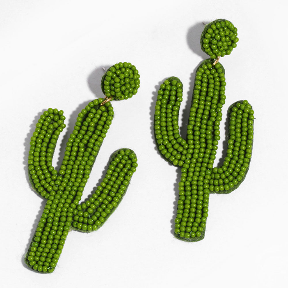 fashion trendy multi-color long rice seed beads beaded cactus earrings boho jewelry