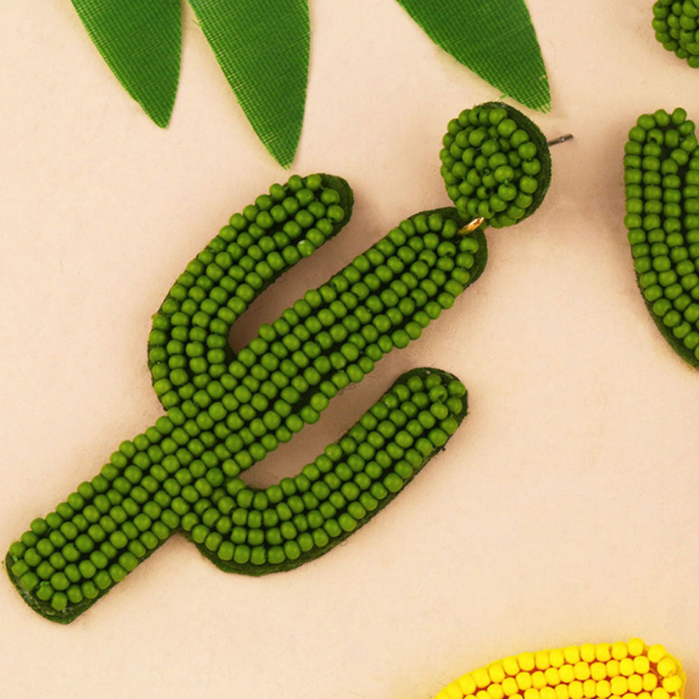 fashion trendy multi-color long rice seed beads beaded cactus earrings boho jewelry