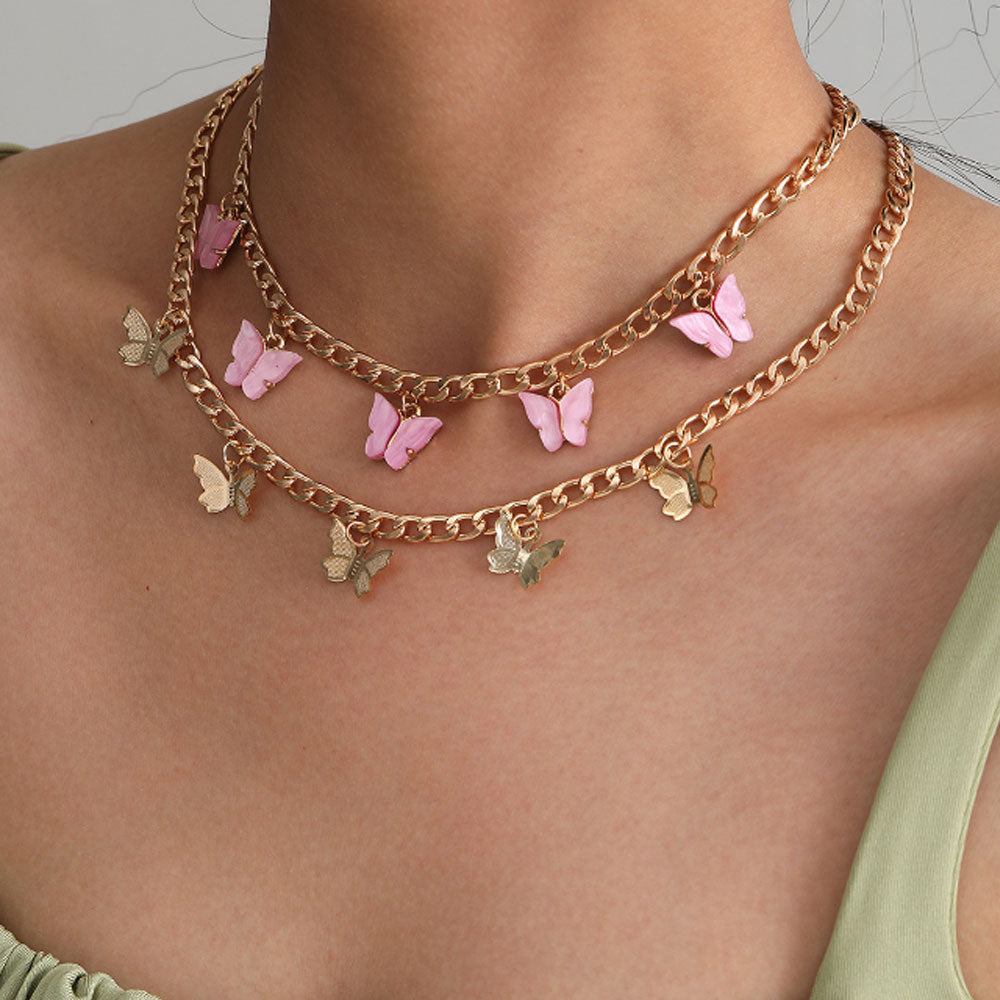 fashion double layers gold plated pink butterfly cuban link necklace jewelry women