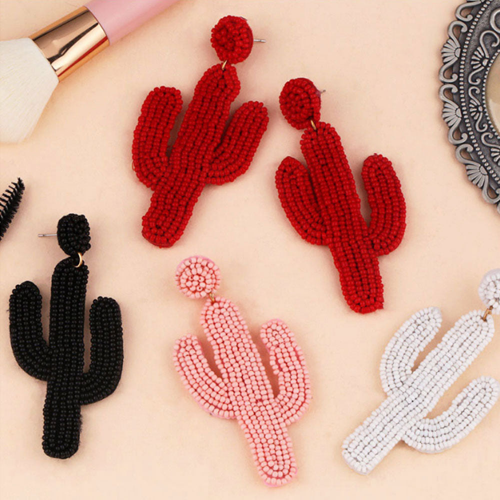 fashion trendy multi-color long rice seed beads beaded cactus earrings boho jewelry