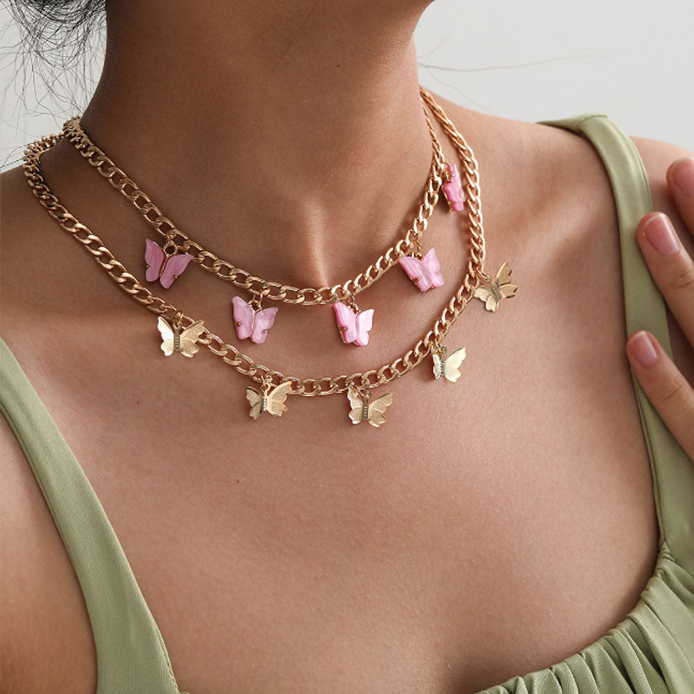 fashion double layers gold plated pink butterfly cuban link necklace jewelry women