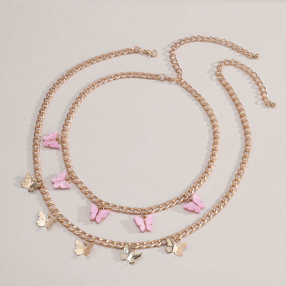 fashion double layers gold plated pink butterfly cuban link necklace jewelry women
