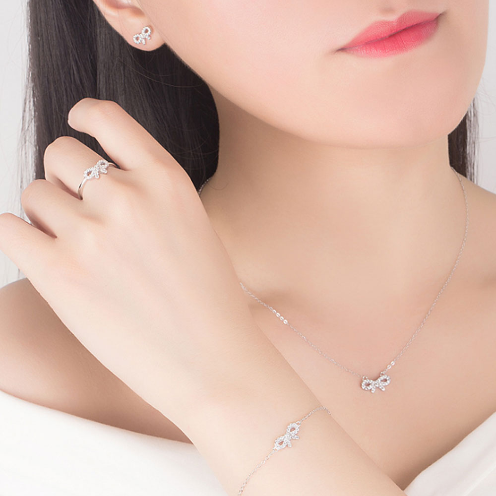 korean style mini 925 sterling silver butterfly bowknot charm necklace bracelet earring and ring jewelry set