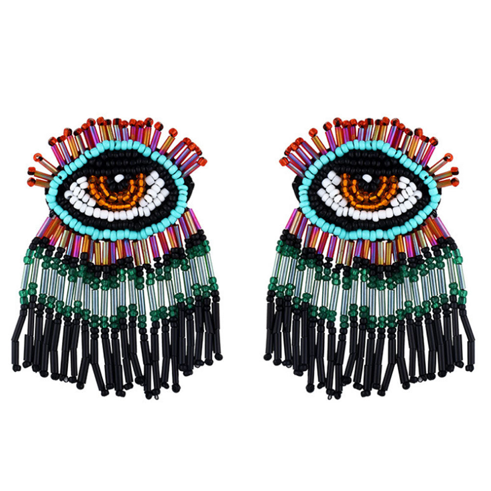 Quake Glass seed beads beaded d-evil eye charm fringe tassel earrings jewelry women boho