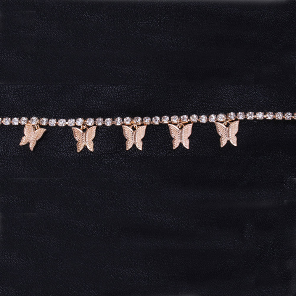 rhinestone beads diamond pink butterfly tennis anklet gold silver