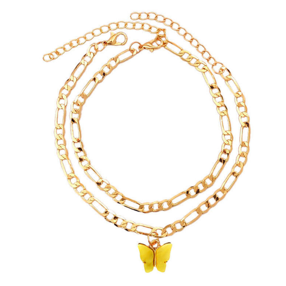 boho double layered gold cuban link chain butterfly charm pendant cuban link figaro anklet jewelry