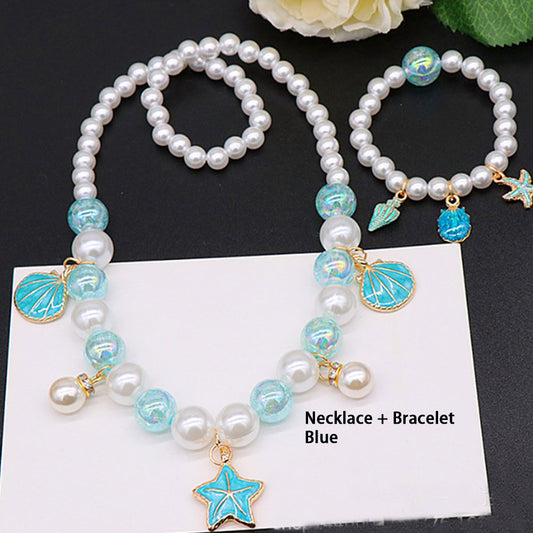 Wholesale Cheap kids Glass Pearl Beads Pink Blue White Cute Sea beach shell starfish Charms Princess Dress jewelry sets for children necklace bracelet
