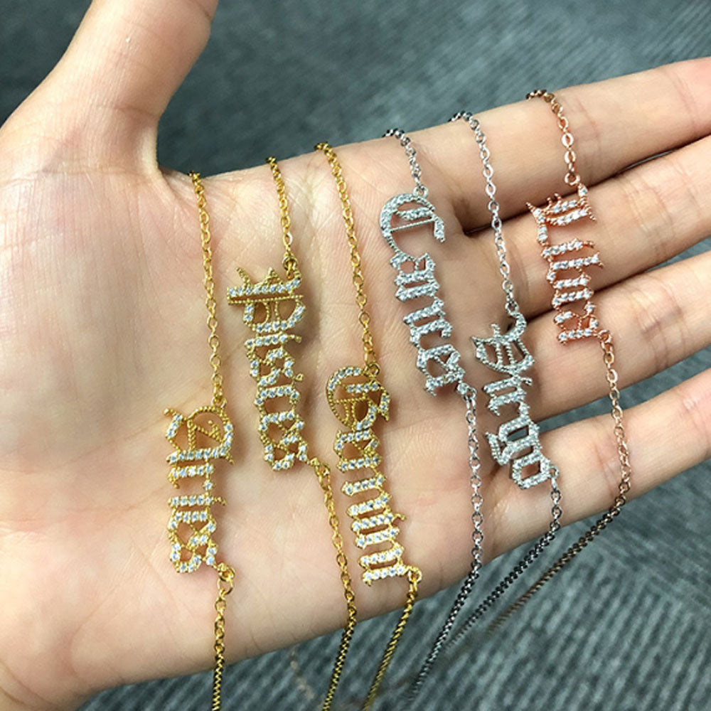 wholesale fashion alloy chain gold plated cz cubic zircon English Font horoscope zodiac sign jewelry pendant necklace vendor