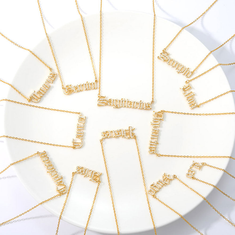 wholesale fashion alloy chain gold plated cz cubic zircon English Font horoscope zodiac sign jewelry pendant necklace vendor