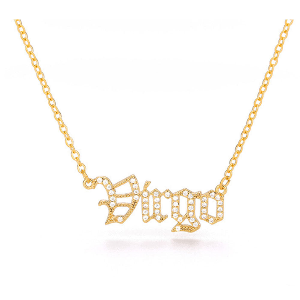 wholesale fashion alloy chain gold plated cz cubic zircon English Font horoscope zodiac sign jewelry pendant necklace vendor