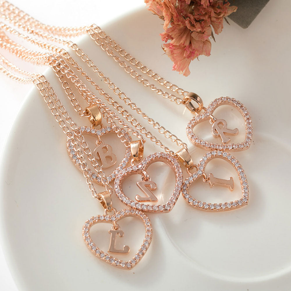 Trendy fashion Alloy classic gold rose love heart 26 alphabet necklace zircon jewelry diamond initial alphabet necklace