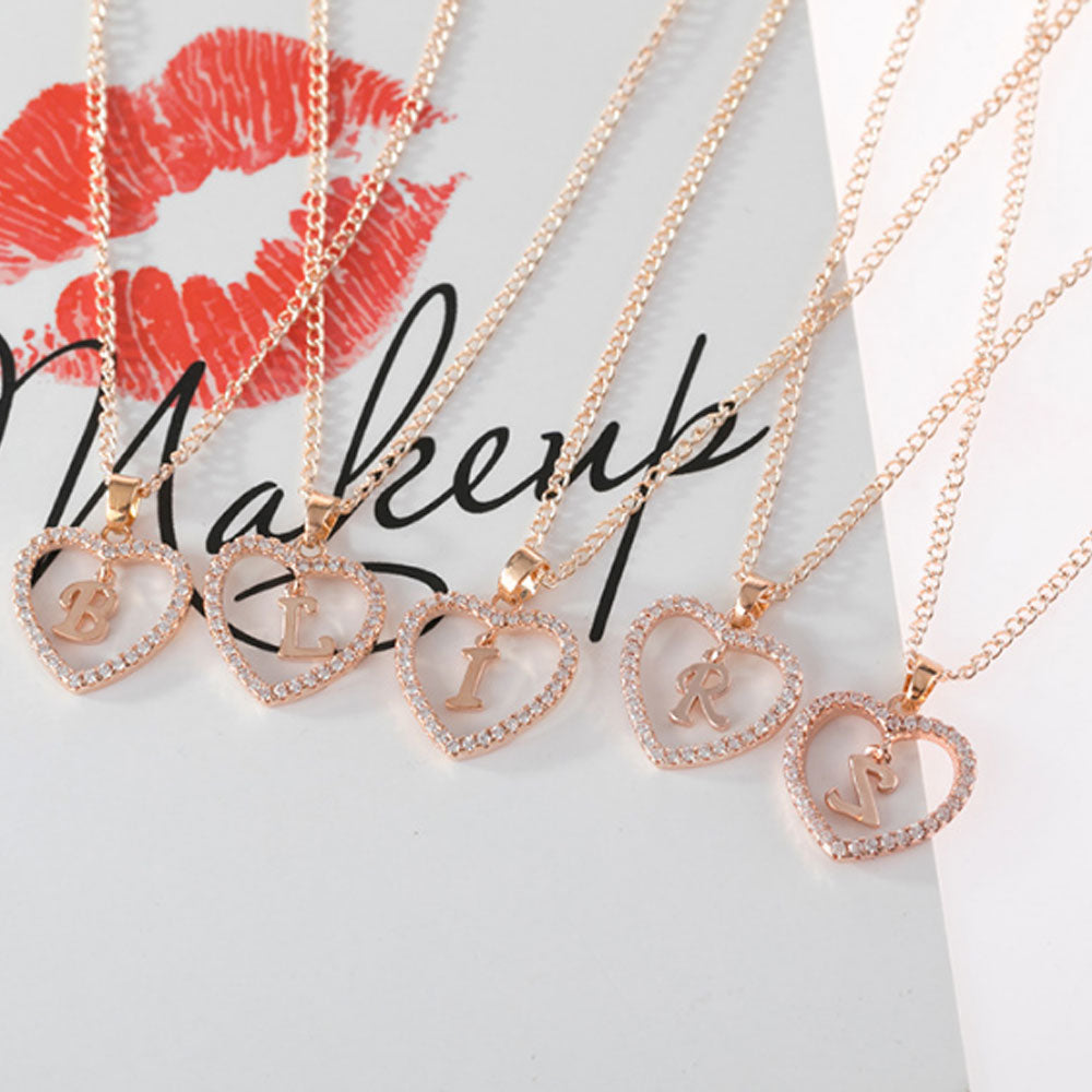 Trendy fashion Alloy classic gold rose love heart 26 alphabet necklace zircon jewelry diamond initial alphabet necklace