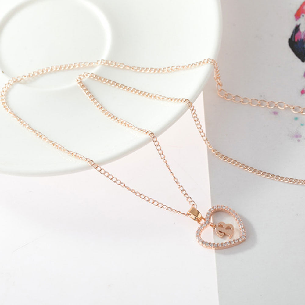 Trendy fashion Alloy classic gold rose love heart 26 alphabet necklace zircon jewelry diamond initial alphabet necklace
