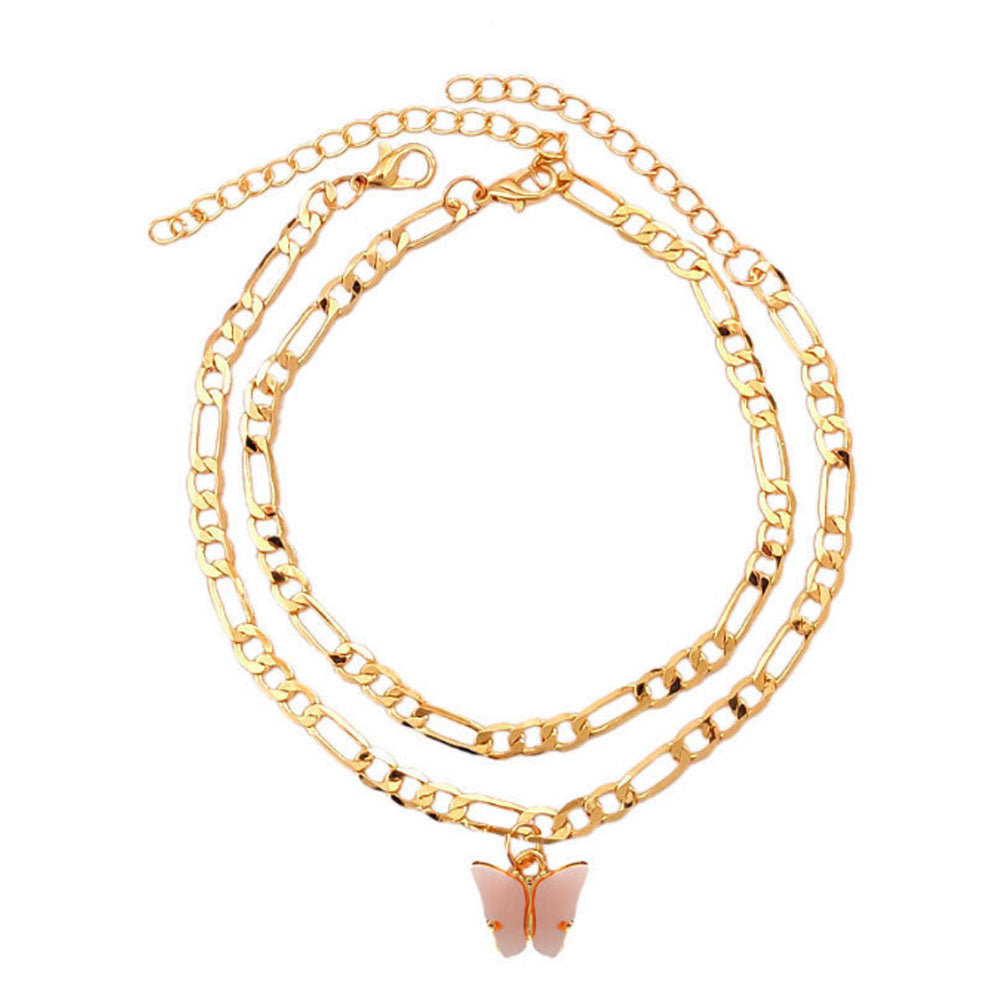 boho double layered gold cuban link chain butterfly charm pendant cuban link figaro anklet jewelry